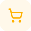 Une icône orange représentant un chariot de supermarché, vue de profil, sur un fond de la même couleur.