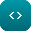 Icône bleue avec un symbole de chevrons pointant vers l'intérieur, représentant le code ou la programmation.