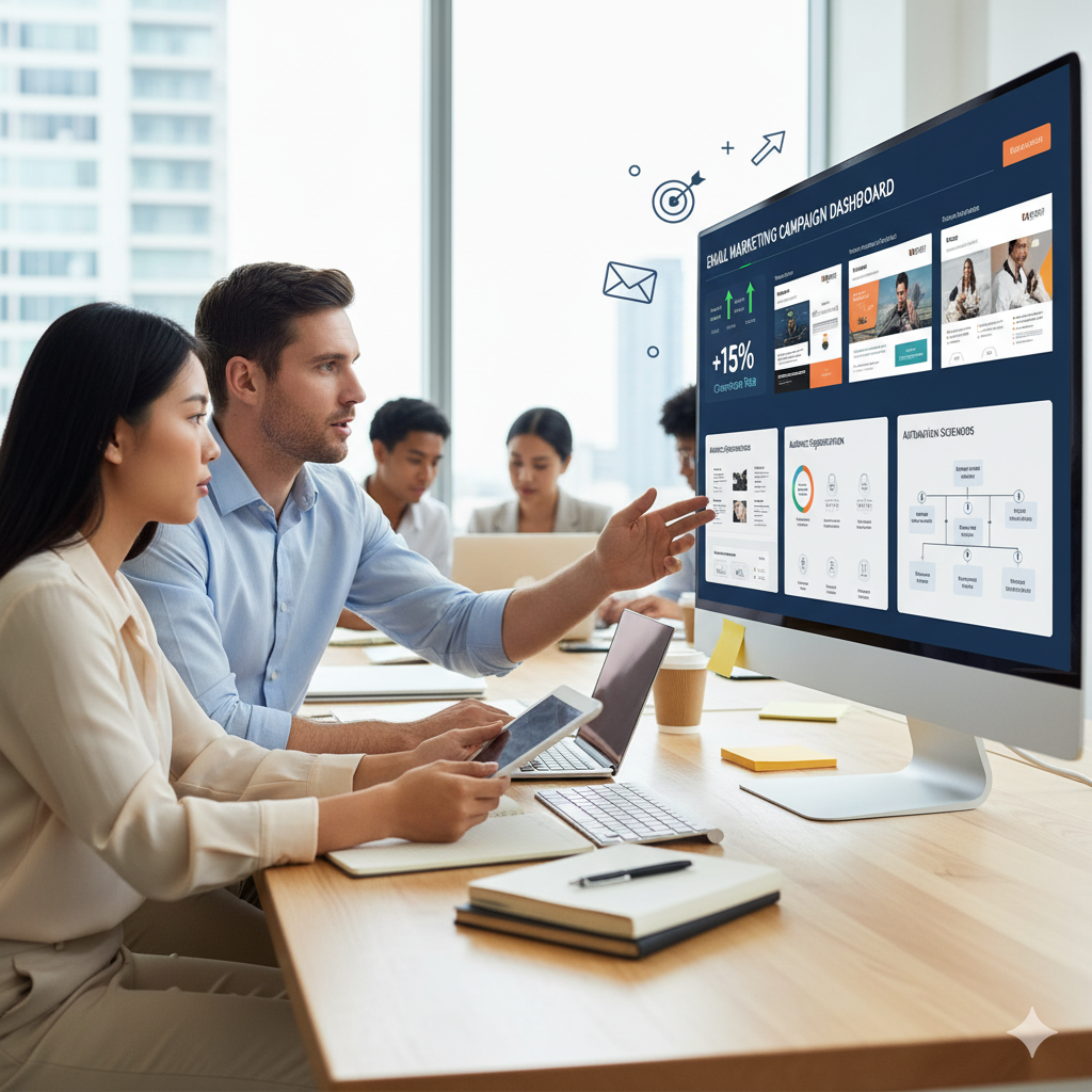 Un groupe de personnes travaille autour d'une table, concentré sur un écran d'ordinateur affichant un tableau de bord de campagne de marketing par e-mail. Un homme en chemise bleue pointe vers l'écran tandis qu'une femme tient une tablette. Des graphiques et des icônes sont visibles à l'écran.