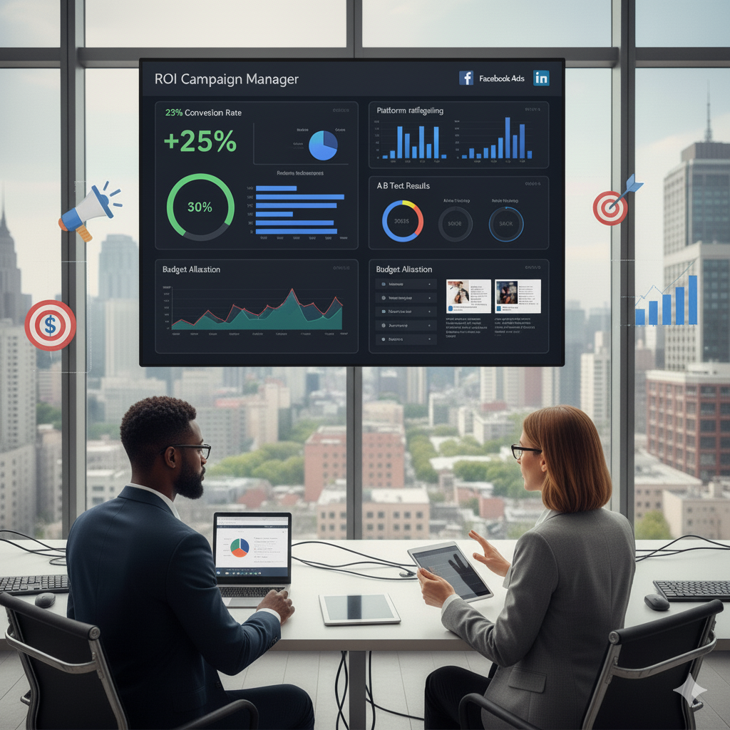 Deux personnes en réunion dans un bureau moderne avec vue sur la ville, analysant des graphiques de performances marketing affichés sur un grand écran. L'écran montre des taux de conversion, des résultats de tests A/B, et des allocations budgétaires.