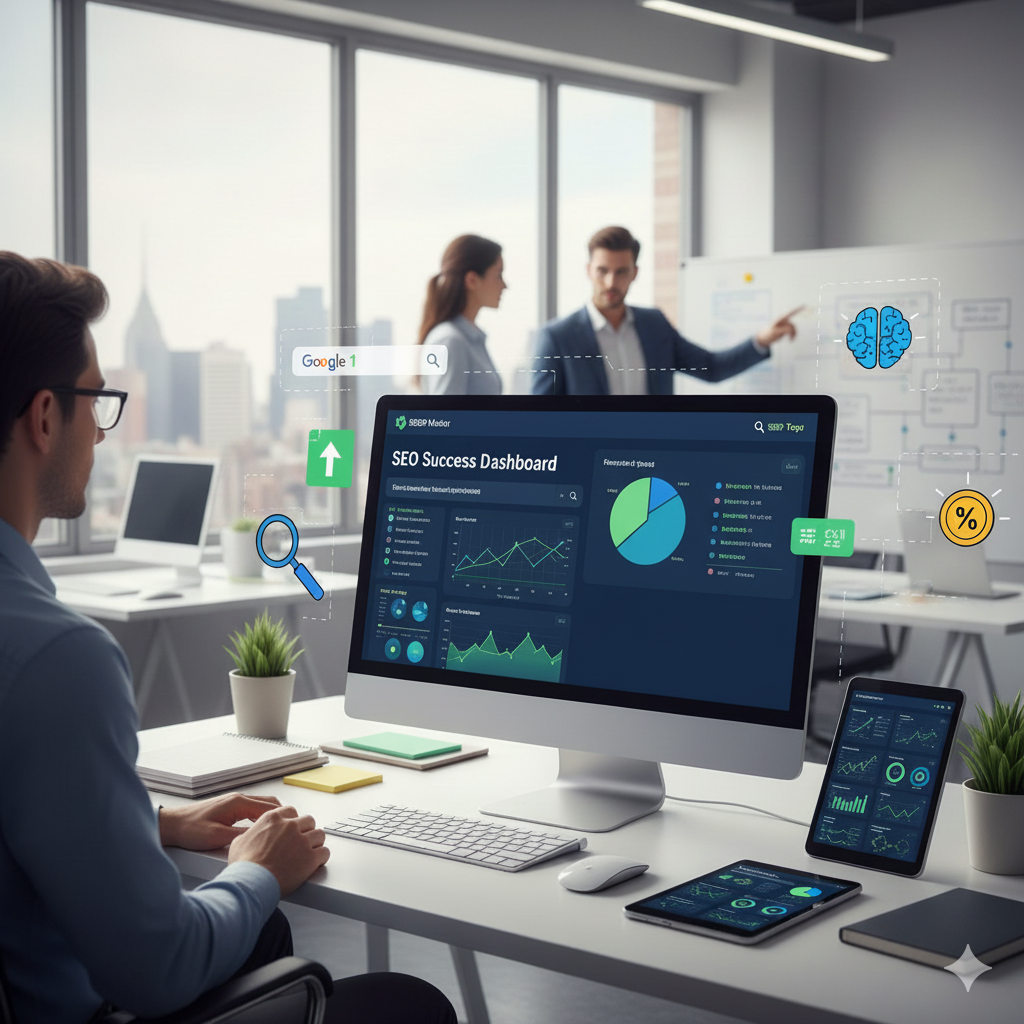 Un homme est assis à un bureau moderne, regardant un écran d'ordinateur affichant un tableau de bord de succès SEO avec des graphiques et des diagrammes colorés. À l'arrière-plan, deux collègues discutent devant un tableau blanc. Des icônes numériques flottantes, telles qu'une loupe et un cerveau, illustrent le thème du travail numérique.