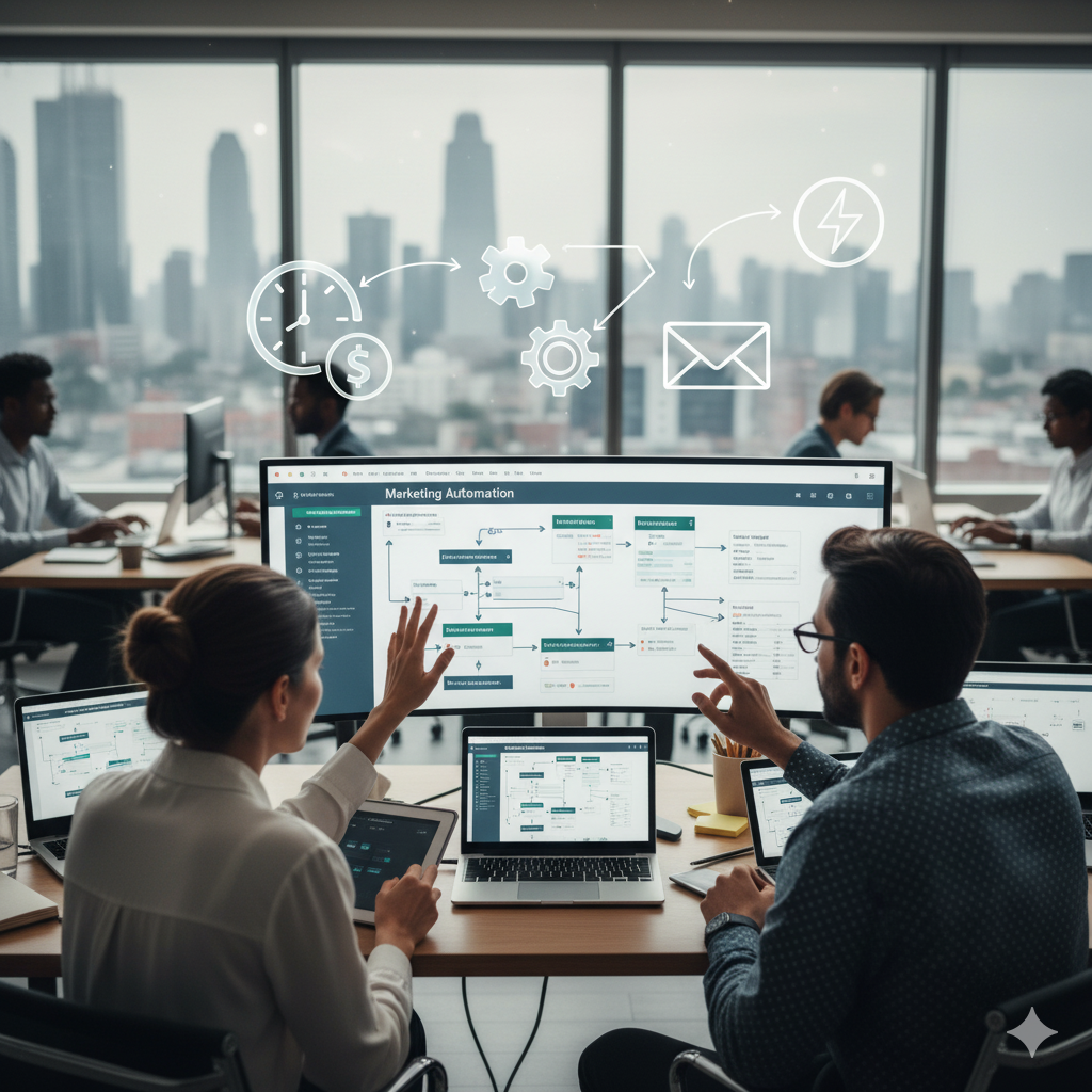 Deux personnes collaborent sur un projet d'automatisation du marketing, assises à une table avec des ordinateurs portables affichant des diagrammes. En arrière-plan, d'autres collègues travaillent dans un bureau moderne avec une vue sur la ville. Des icônes symboliques flottent au-dessus des écrans.