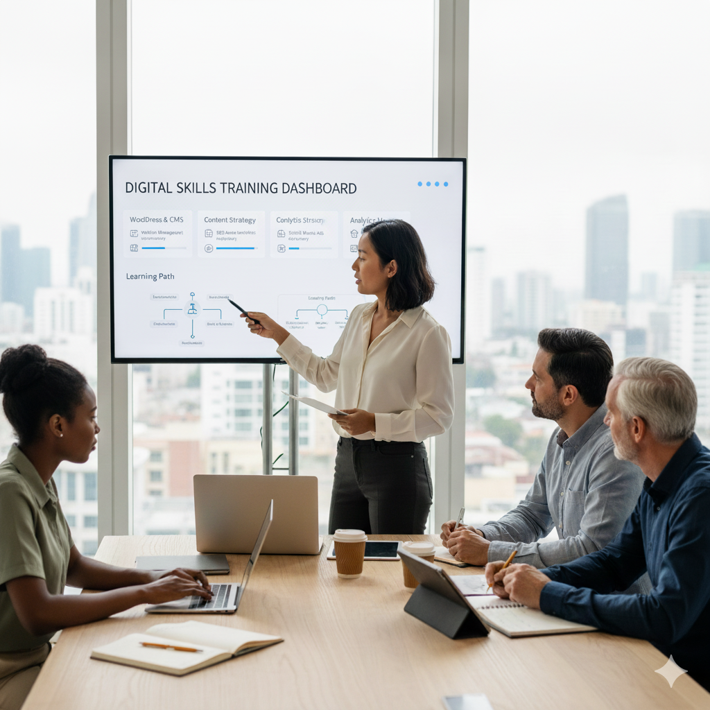 Une femme en chemisier blanc présente un tableau de bord de formation aux compétences numériques sur un écran, tandis que trois personnes prennent des notes autour d'une table en bois, avec des ordinateurs portables, des tasses à café en carton, et un carnet ouvert visibles.