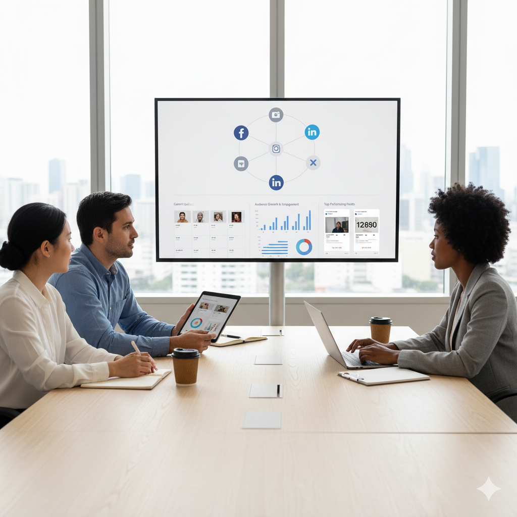 Trois personnes en réunion dans une salle moderne, regardant un écran affichant des graphiques de réseaux sociaux et des données analytiques; l'une utilise une tablette, une autre un ordinateur portable, et des tasses de café sont posées sur la table en bois clair.