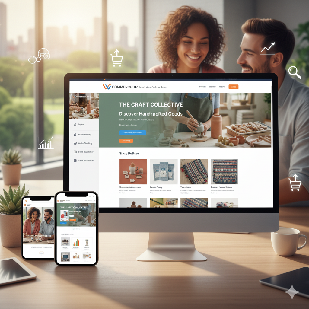 Un homme et une femme sourient devant un écran d'ordinateur affichant un site de vente en ligne de produits artisanaux, avec des images de poteries et textiles. Deux smartphones posés à côté montrent le même site. Des icônes de commerce électronique flottent autour, dans un bureau lumineux.