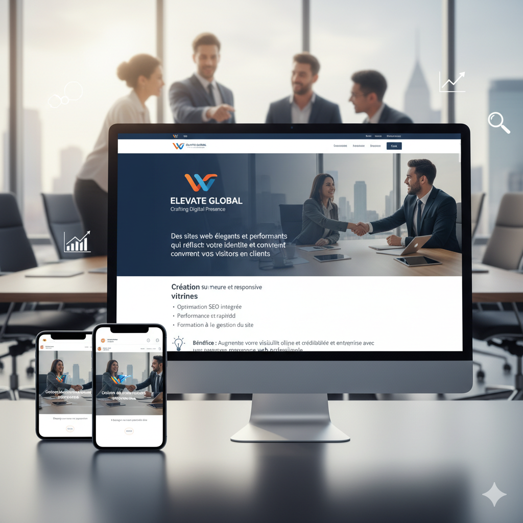 Un écran d'ordinateur affiche le site web "Elevate Global" avec un design professionnel, montrant deux personnes en costume se serrant la main dans un bureau moderne. Deux smartphones sur la table présentent la même page web. En arrière-plan, un groupe de personnes discute autour d'une table dans une salle de réunion lumineuse avec vue sur la ville.